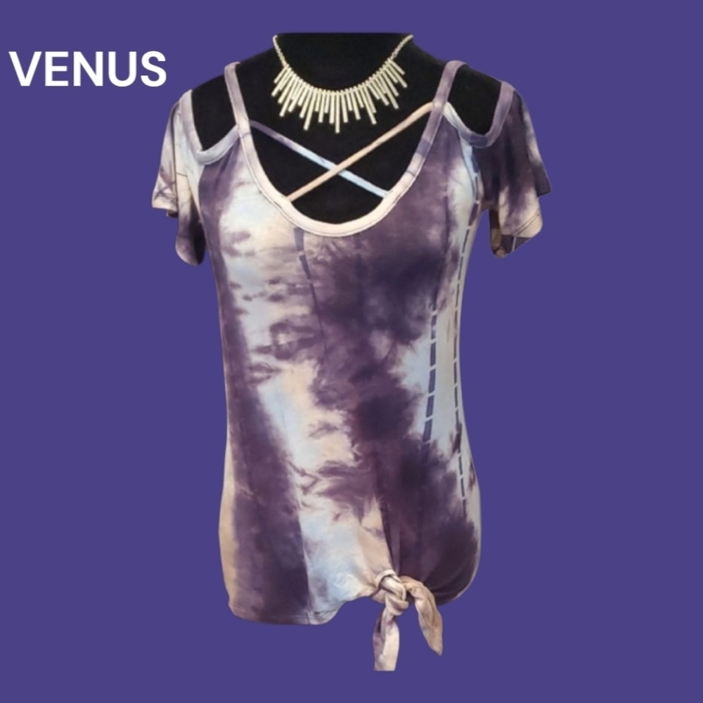2/$25 Venus Purple, Blue & Tan Tie-Dye Cold Shoulder Top. Size Small.